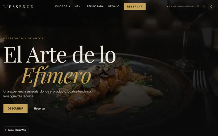 Vista previa de la demo Web Gastronómica Experiencial